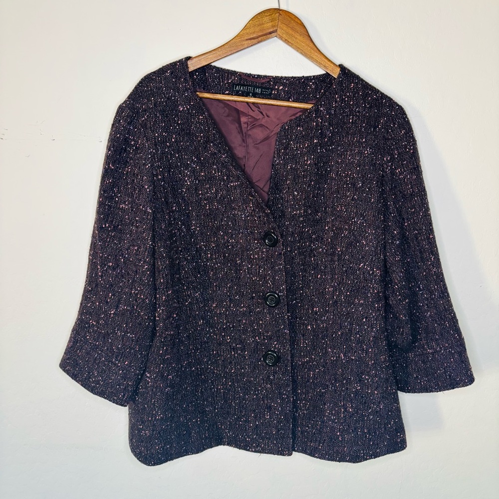 Lafayette‎ 148 Women’s New York Tweed Blazer - Dark Purple Brown Button Up 16